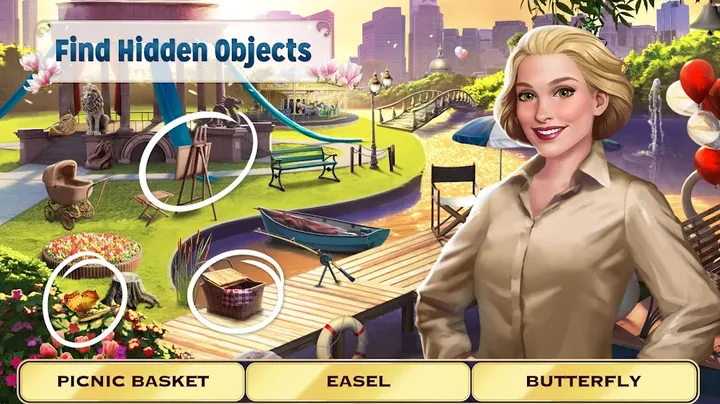 Parkrészlet a Pearl's Peril főhősnőjével és megtalálandó tárgyakkal
